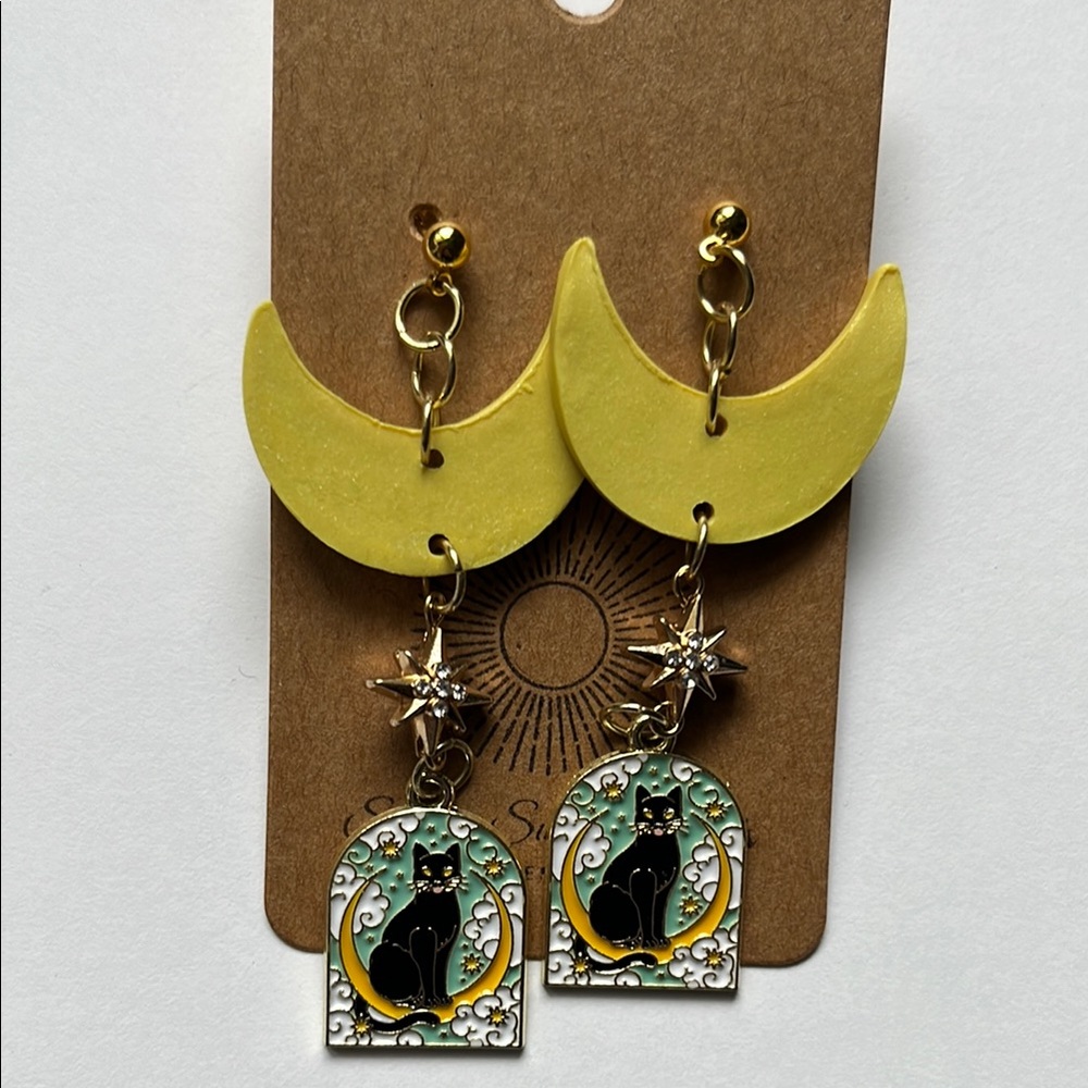 Yellow Crescent Moon Cat Earrings